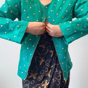 Green and Gold Studded Jean Zip Jacket